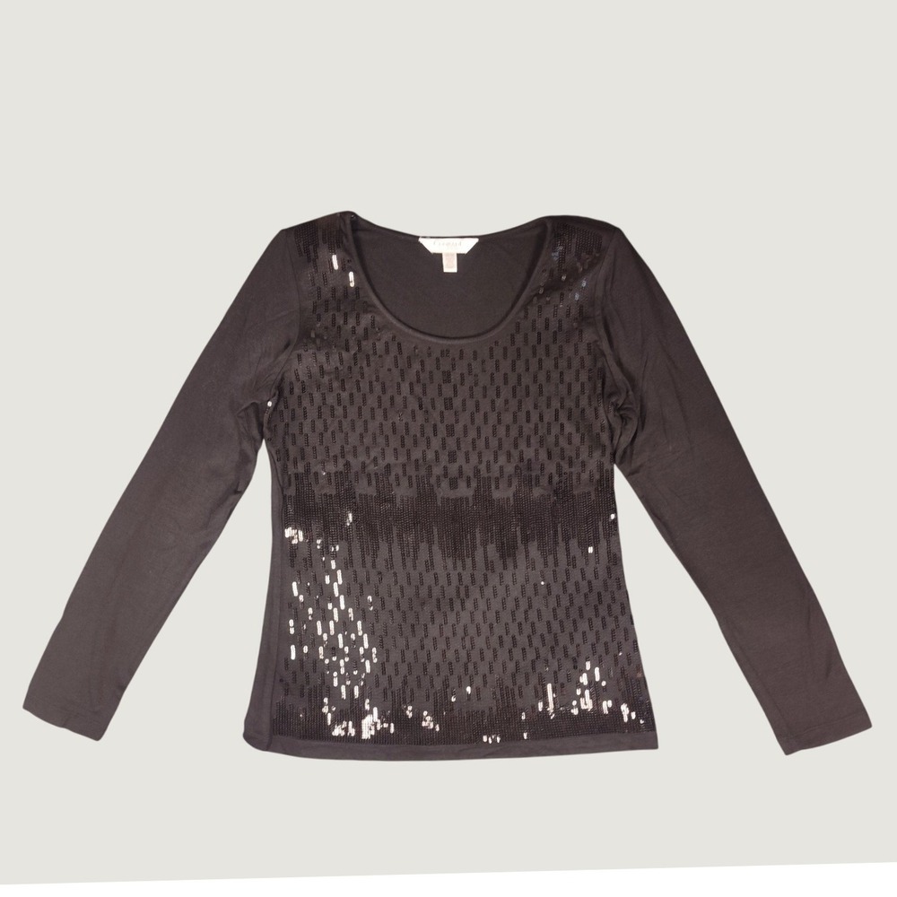 Conrad C Collection Black Sequin Long Sleeve Top Shoulder Pads Medium